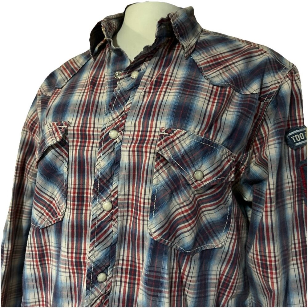 VTG Lucky Brand Western Shirt Womens M Cowgirl Pearl Snap Plaid Tiger Patch - Picture 2 of 16